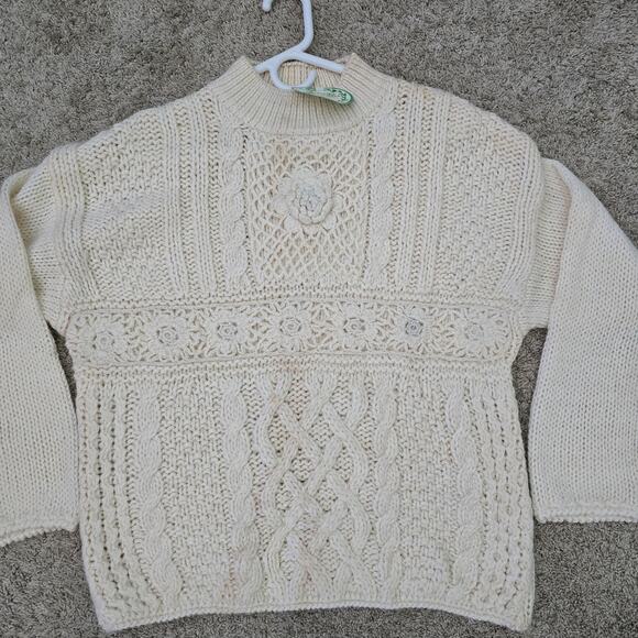 NWT Vintage Hand Knit Chunky Flower Cable Sweater L Cottage Boho Cream Grandma - Picture 4 of 10